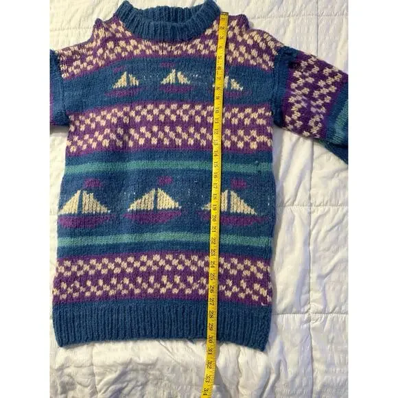 Vintage Blue Boat Print Sweater Knit Wool Purple Winter Holiday Stripe 90s *Read - Picture 10 of 11